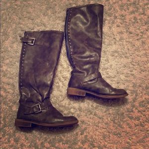 Gray studded knee high boots